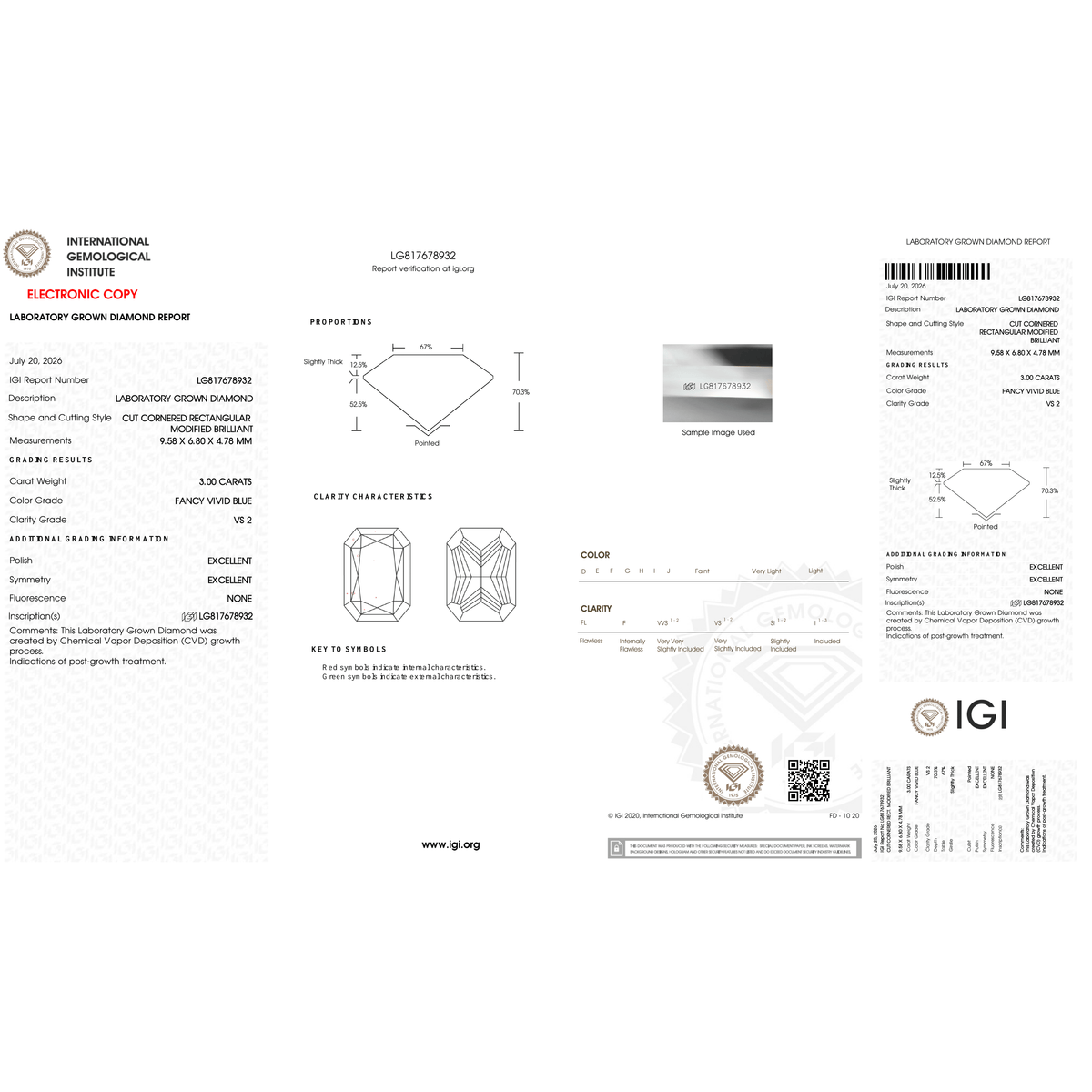Complete IGI report LG817678932 for a 3.00 ct Fancy Vivid Blue VS2 radiant-cut lab-grown diamond, centered on a square white canvas.