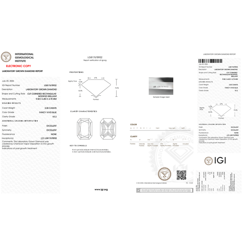 Complete IGI report LG817678932 for a 3.00 ct Fancy Vivid Blue VS2 radiant-cut lab-grown diamond, centered on a square white canvas.