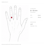 LYRA oval cluster ring size guide showing center stone proportions on a hand
