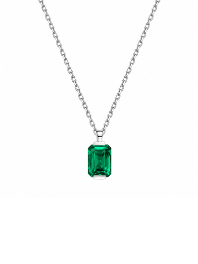 Colombian emerald radiant-cut necklace with hand-set setting detail view showcasing the jewelry design and finish