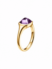 NOMI purple sugarloaf-cut lab-grown gemstone ring in a gold-tone bezel setting, angled side view.