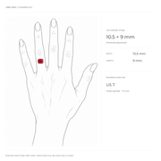ORBE cushion-cut cocktail ring size guide showing center stone proportions on a hand