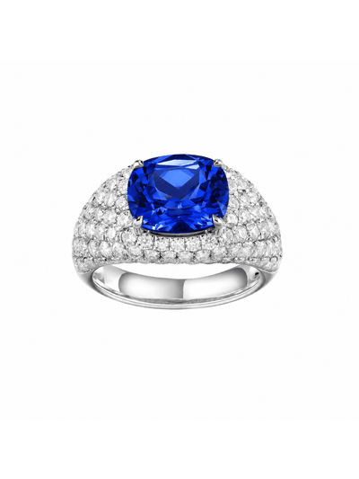 Padparadscha cushion-cut ring with hand-set setting detail view showcasing the jewelry design and finish