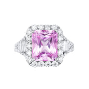 REINE pink radiant-cut gemstone ring viewed from above, showing the moissanite halo