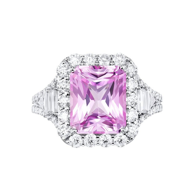 REINE pink radiant-cut gemstone ring viewed from above, showing the moissanite halo