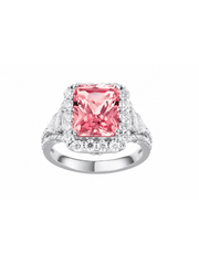 Padparadscha radiant-cut ring with hand-set setting front view showing the overall design