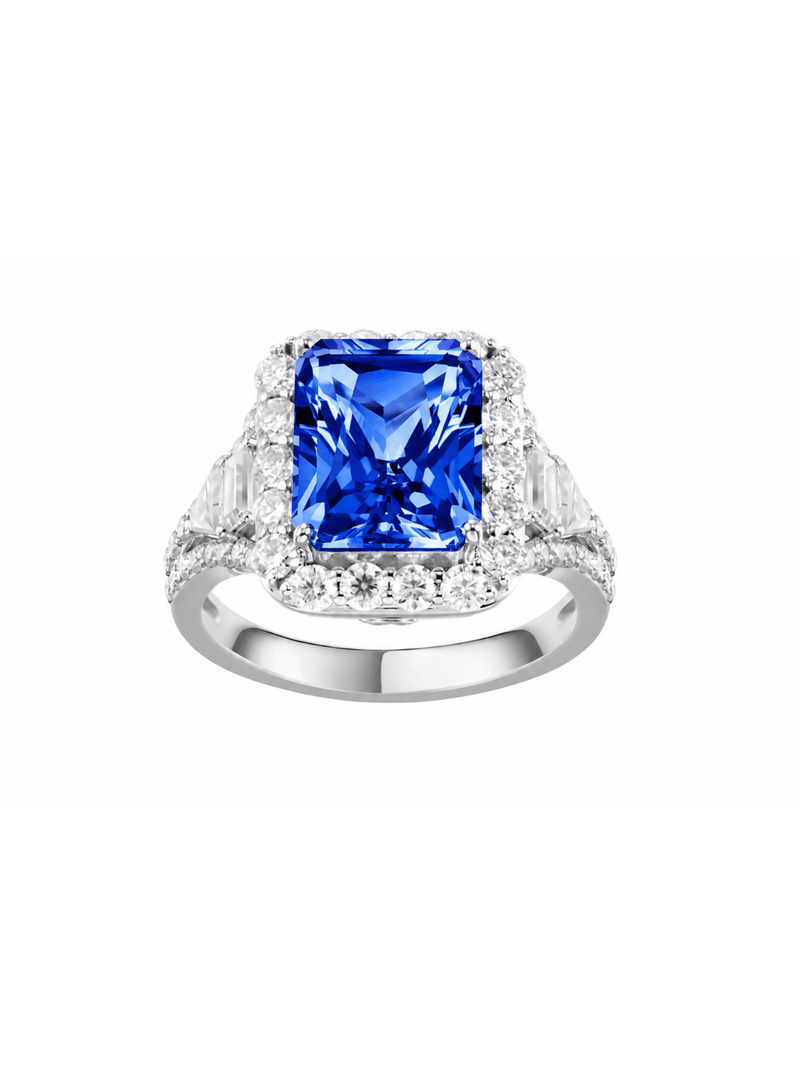 Radiant-cut ring with hand-set setting detail view showcasing the jewelry design and finish