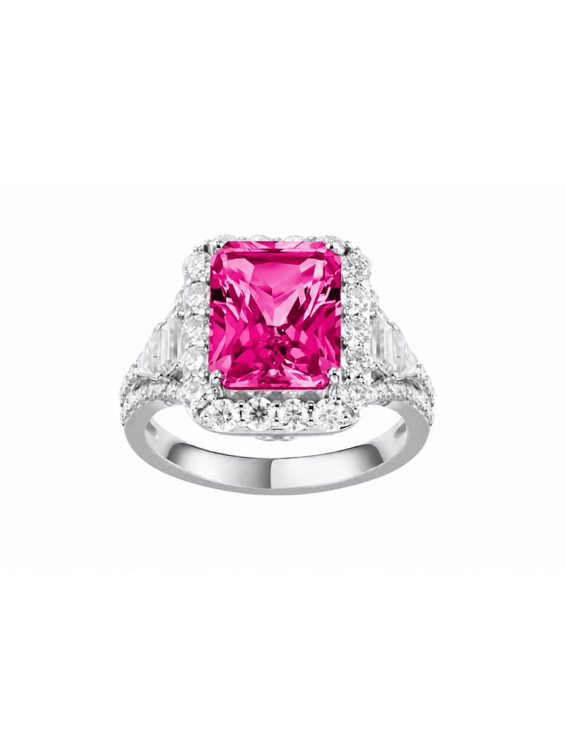 Radiant-cut ring with hand-set setting detail view showcasing the jewelry design and finish