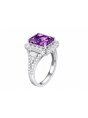 Padparadscha radiant-cut ring with hand-set setting detail view showcasing the jewelry design and finish