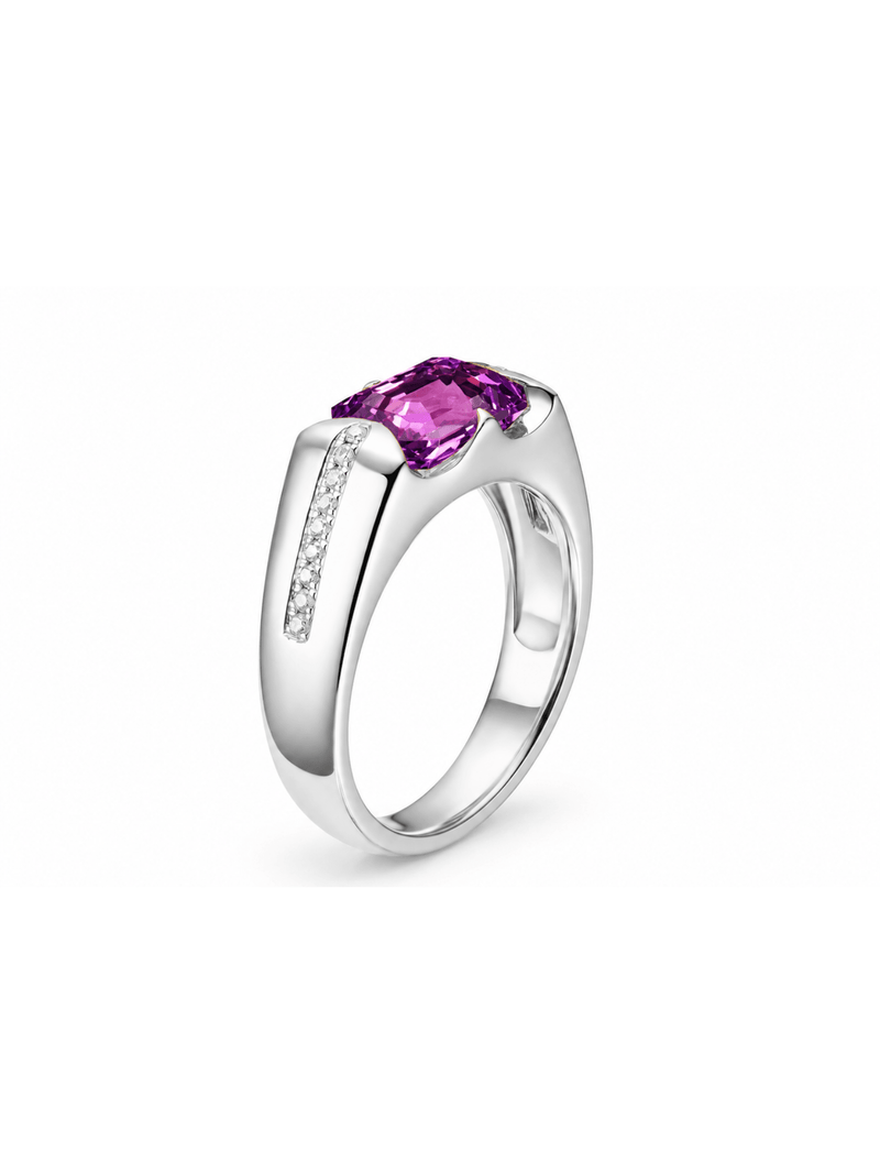 Emerald-cut ring with hand-set setting detail view showcasing the jewelry design and finish