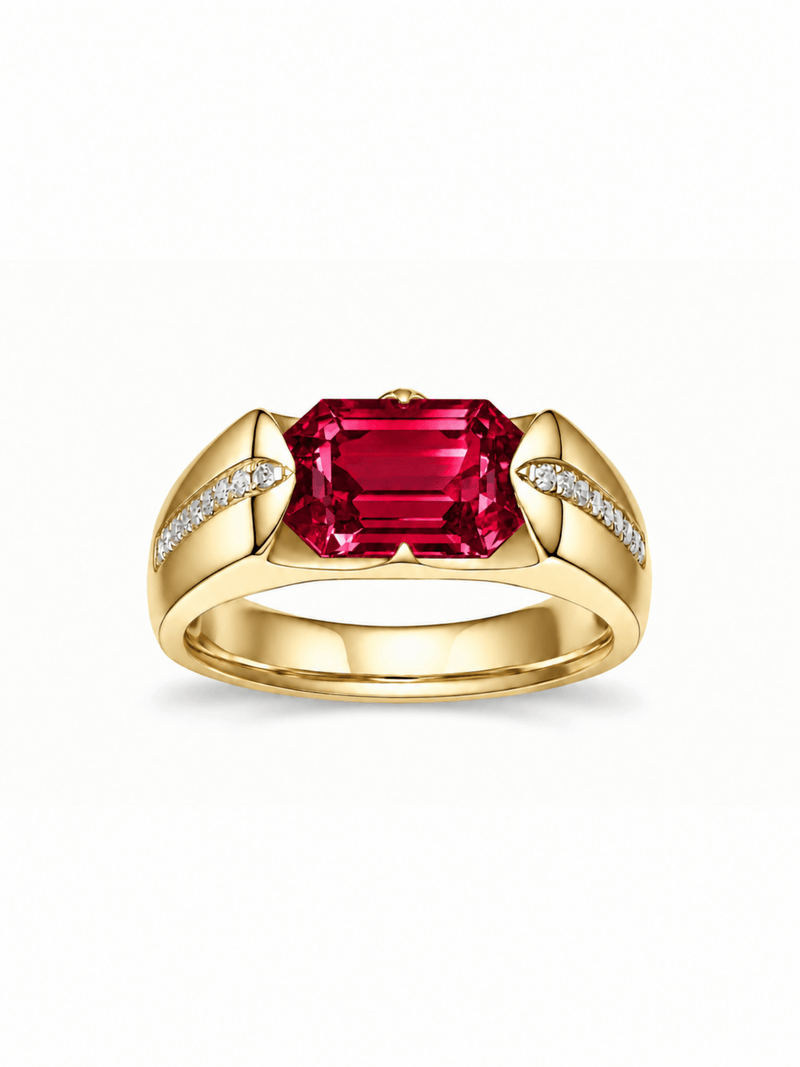Royal blue sapphire emerald-cut ring with hand-set setting detail view showcasing the jewelry design and finish