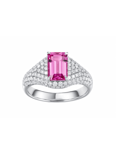 Hot pink sapphire emerald-cut ring with hand-set setting front view showing the overall design
