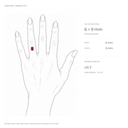 VAREN emerald-cut cocktail ring size guide showing center stone proportions on a hand