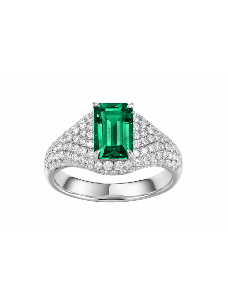 Padparadscha emerald-cut ring with hand-set setting detail view showcasing the jewelry design and finish