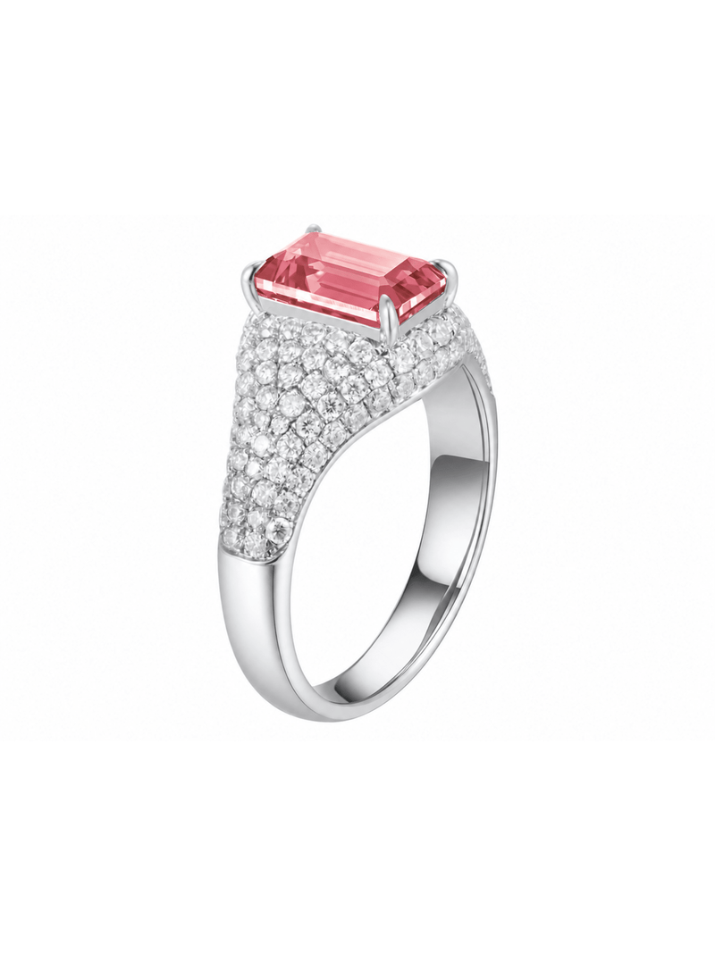 Canary yellow sapphire emerald-cut ring with hand-set setting detail view showcasing the jewelry design and finish