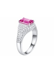Royal blue sapphire emerald-cut ring with hand-set setting angled view showing the silhouette and craftsmanship