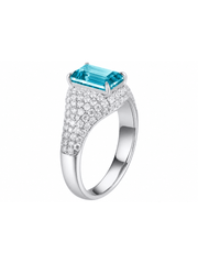 Sapphire emerald-cut ring with hand-set setting detail view showcasing the jewelry design and finish